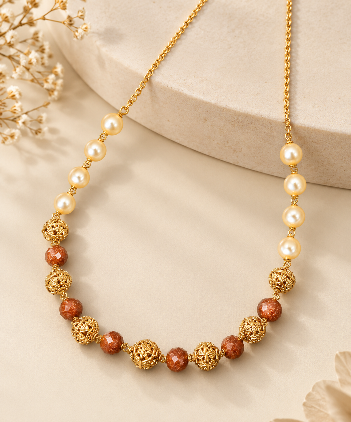 Gold chain with pearl and brown beard chain